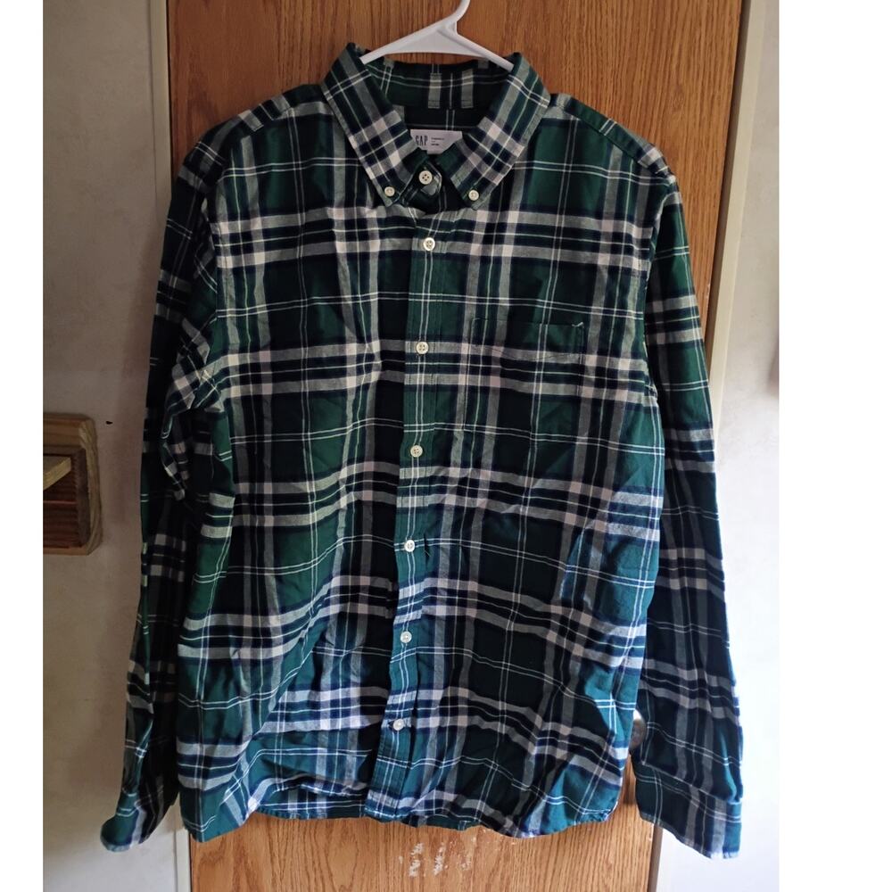 GAP Green Plaid Cotton Shirt Medium Midweight Button Down Weekend Prep